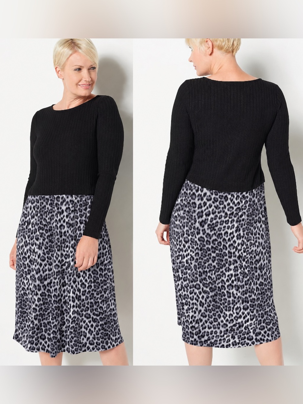 NEW Susan Graver Ribbed Sweater Knit & Printed Liquid Knit Dress Black Gray XL